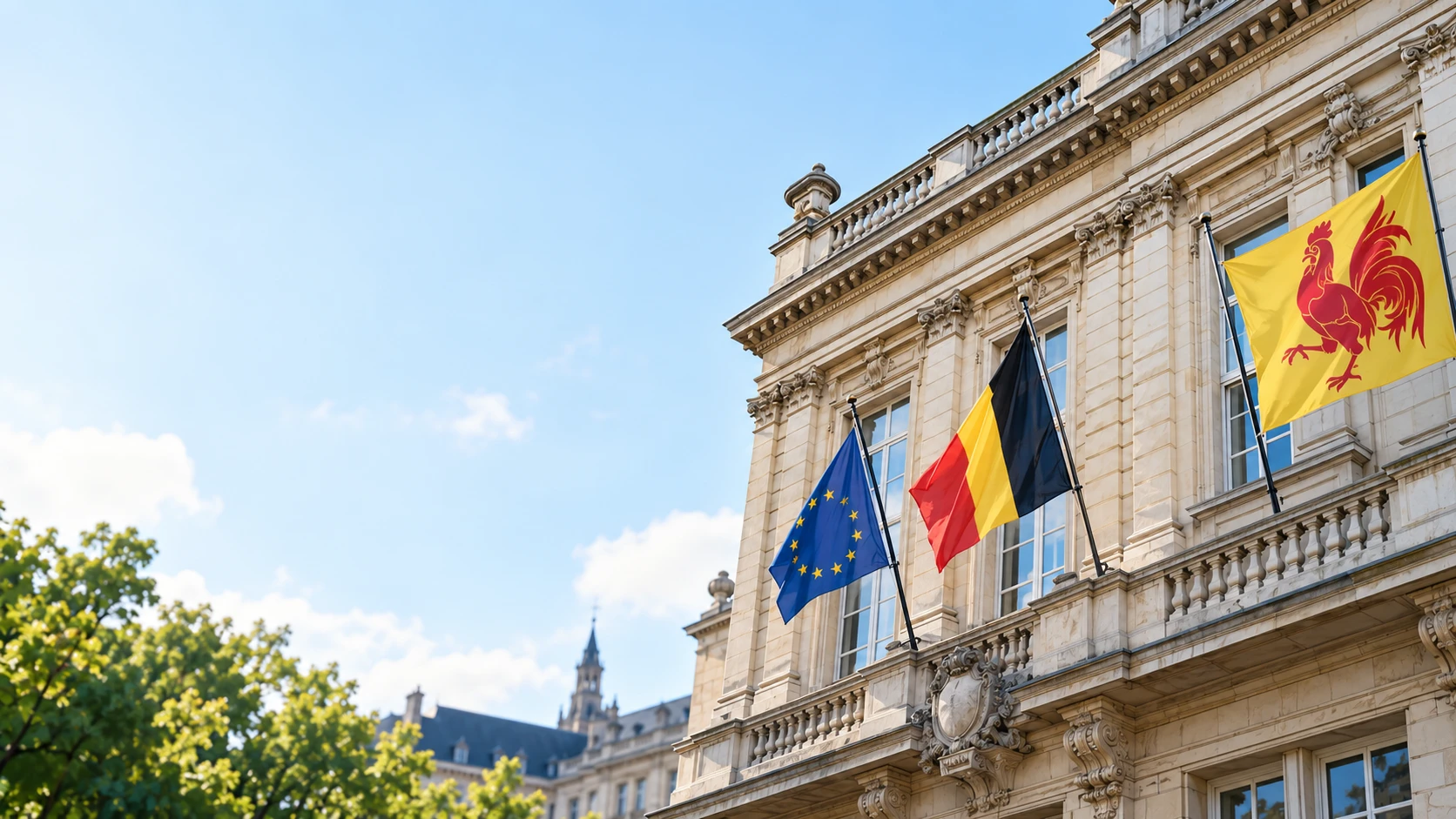 Façade d’un bâtiment institutionnel wallon, avec les drapeaux européen, belge et wallon.